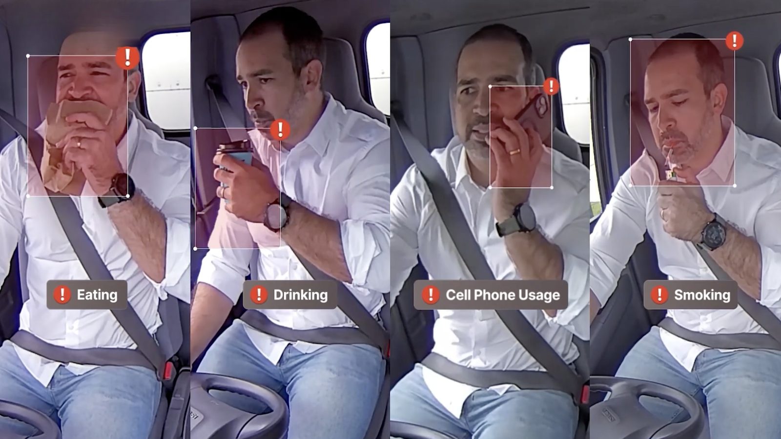 S-Vision driver monitoring flagging a driver eating, drinking, using a phone and smoking