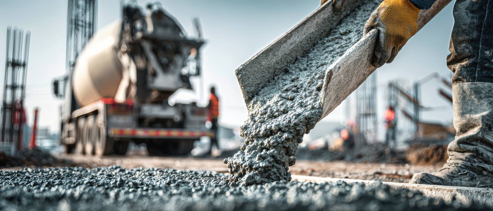 Fresh concrete pouring down a mixer truck chute at a jobsite while a worker in gloves guides the chute, with the ready-mix truck and crew in the background