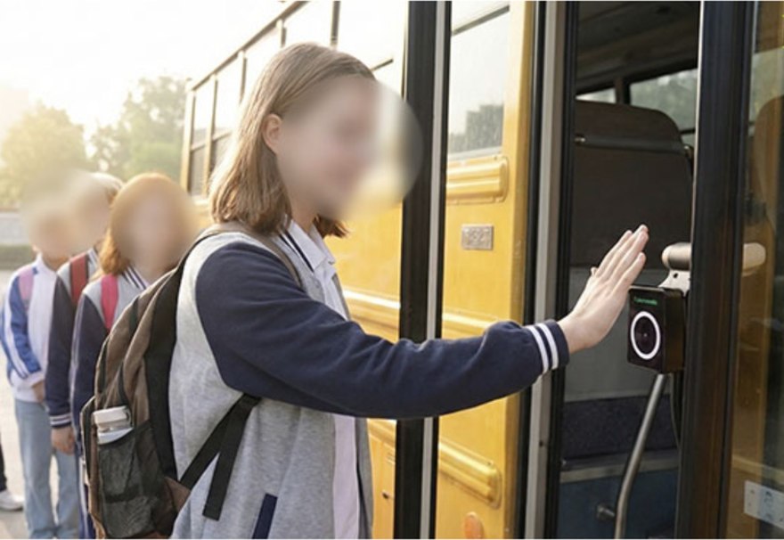 Student holding their palm to a contactless reader while boarding a school bus